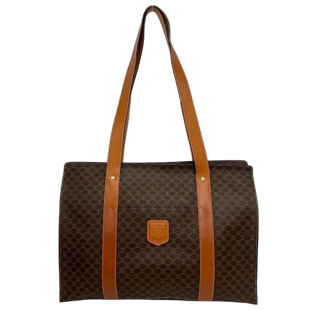 CELINE Vintage Macadam Blazon Pattern Triomphe Leather Tote Bag Handbag Brown...